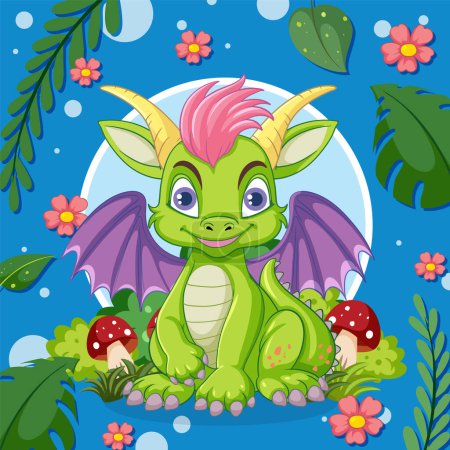 Illustration for Colorful dragon sitting among flowers and mushrooms - Royalty Free Image