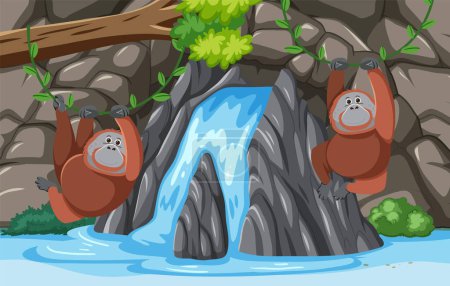 Illustration for Two orangutans relax near a serene waterfall - Royalty Free Image