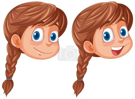 Téléchargez les illustrations : Deux expressions d'une fille de dessin animé heureux - en licence libre de droit