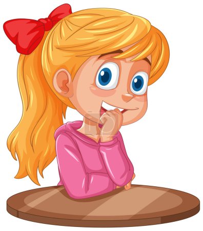 Illustration for Cartoon girl thinking with a smile, hand on chin - Royalty Free Image