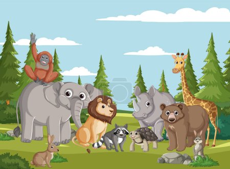 Illustration for Cartoon animals gathered in a sunny forest landscape. - Royalty Free Image
