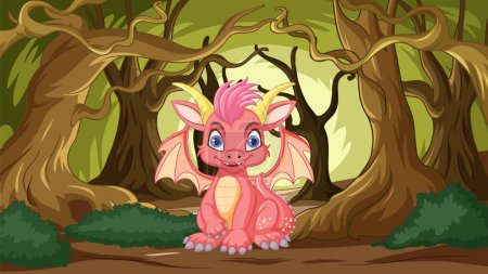 Téléchargez les illustrations : Adorable dragon rose assis parmi les arbres tordus - en licence libre de droit