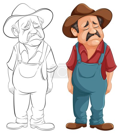Two sad cartoon farmers with expressive faces