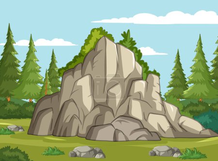 Illustration vectorielle d'une grande formation rocheuse dans une forêt