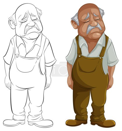 Colorful and line art illustrations of a sad elderly man.