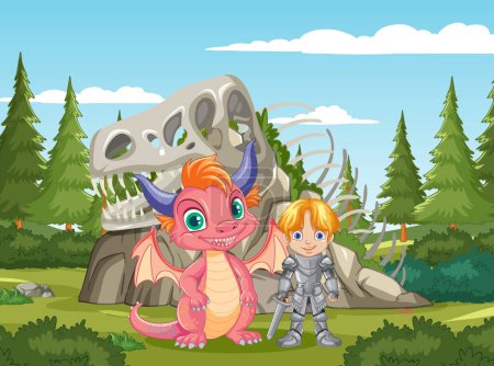 Cartoon knight and dragon in front of dinosaur bones.