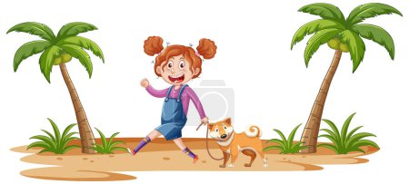 Ilustración de Niño feliz jugando con perro cerca de palmeras - Imagen libre de derechos