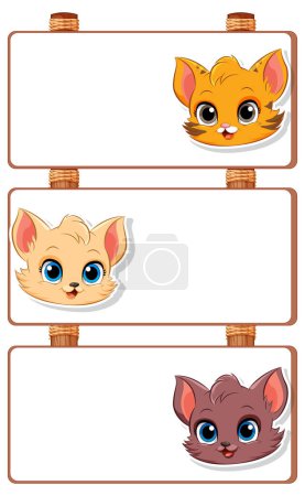 Téléchargez les illustrations : Trois adorables chatons de dessin animé avec des planches vides - en licence libre de droit