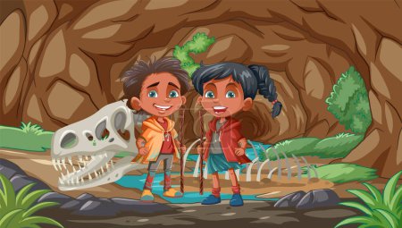 Ilustración de Dos niños sonriendo junto a un gran esqueleto de dinosaurio - Imagen libre de derechos
