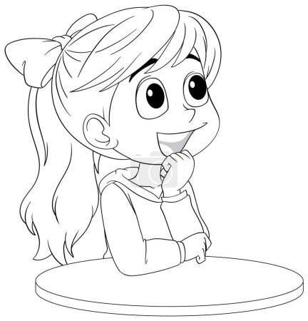 Black and white illustration of a thinking girl