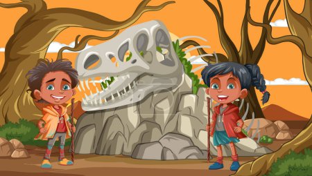 Two children exploring near a large dinosaur skull