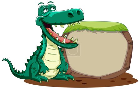 Téléchargez les illustrations : Crocodile dessin animé debout à côté d'un panneau vierge. - en licence libre de droit