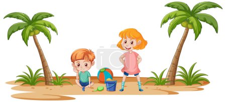 Illustration for Two kids with toys under palm trees - Royalty Free Image