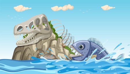 Illustration for Cartoon fish and dinosaur skull on an island - Royalty Free Image