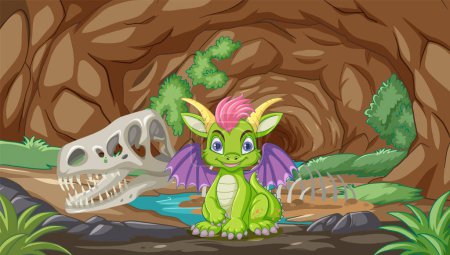 Illustration for Colorful dragon sitting inside a rocky cave - Royalty Free Image