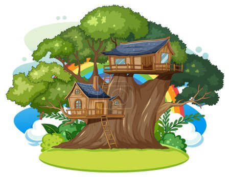 Colorida ilustración vectorial de una caprichosa casa del árbol