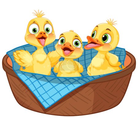 Illustration for Cartoon ducklings smiling inside a woven basket - Royalty Free Image
