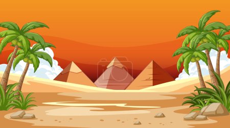 Illustration for Vector illustration of pyramids with palm trees - Royalty Free Image