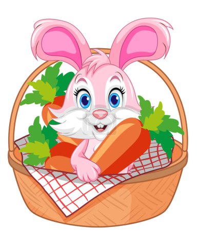 Illustration for Adorable pink rabbit nestled among fresh carrots - Royalty Free Image