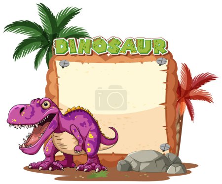 Téléchargez les illustrations : Dinosaure de bande dessinée à côté d'un panneau vierge. - en licence libre de droit
