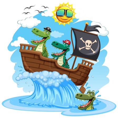 Ilustración de Cocodrilos de dibujos animados en una aventura barco pirata - Imagen libre de derechos