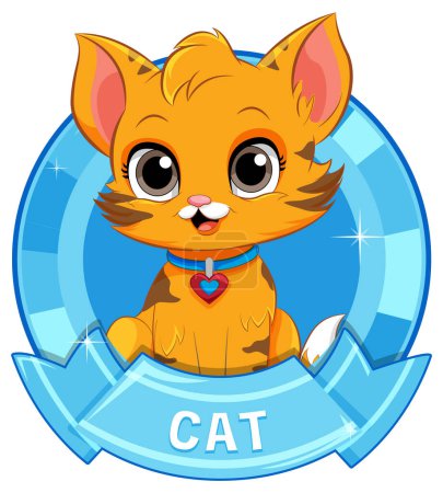 Téléchargez les illustrations : Adorable chaton animé avec emblème bleu étincelant - en licence libre de droit
