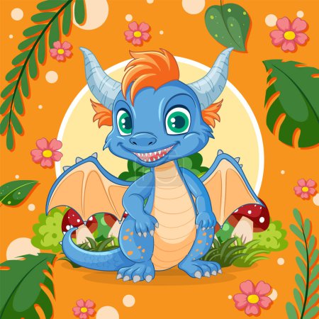 Téléchargez les photos : Illustration dragon coloré avec fond floral vibrant - en image libre de droit