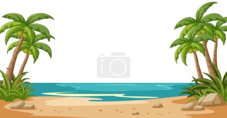 Illustration for Serene tropical beach with palm trees and ocean - Royalty Free Image