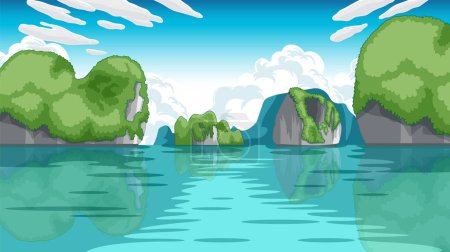 Illustration vectorielle d'un lac tranquille avec des îles luxuriantes.