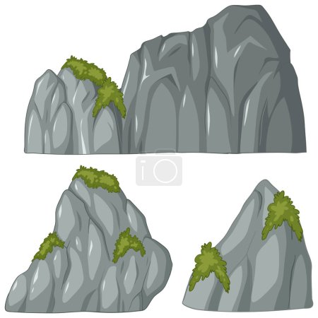 Illustration for Four cartoon-style rocks with green foliage. - Royalty Free Image