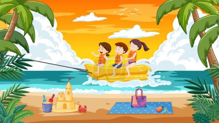 Niños montando banana boat en una escena de playa tropical