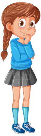 Ilustración de Dibujos animados de una chica pensativa de pie con la mano en la barbilla - Imagen libre de derechos
