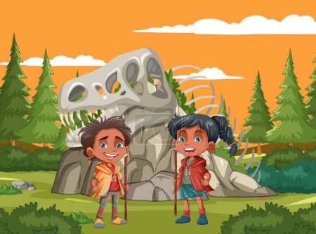 Téléchargez les illustrations : Deux enfants explorant un parc à thème préhistorique - en licence libre de droit
