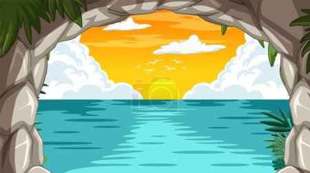Illustration for Serene sunset over ocean viewed from a cave - Royalty Free Image
