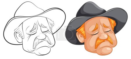 Illustration for Illustration of a cowboy's face, in two styles. - Royalty Free Image