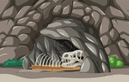 Ilustración de Esqueleto de dinosaurio descansando dentro de una cueva rocosa - Imagen libre de derechos