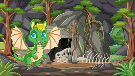Illustration for Cheerful dragon beside skeleton in mystical woods - Royalty Free Image