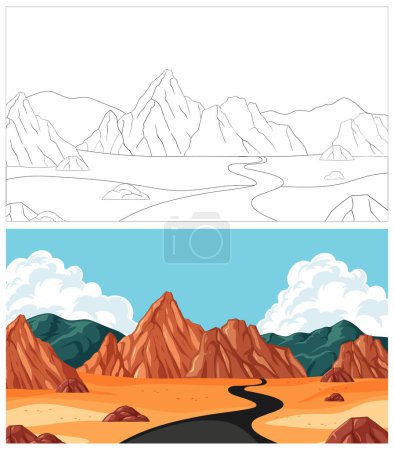 Illustration for Vector illustration of a desert road and mountain range. - Royalty Free Image