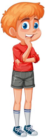 Cartoon boy standing, thinking with hand on chin
