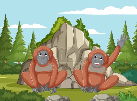 Illustration for Two cartoon orangutans sitting by a large rock. - Royalty Free Image