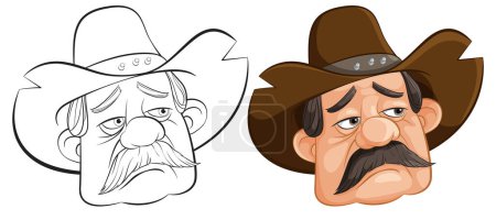 Ilustración de Dos estilizados personajes vaqueros con caras expresivas. - Imagen libre de derechos
