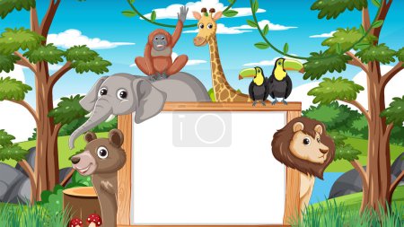 Illustration for Cartoon animals around an empty white sign - Royalty Free Image