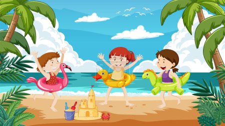 Illustration for Happy kids playing on a sandy beach with toys - Royalty Free Image