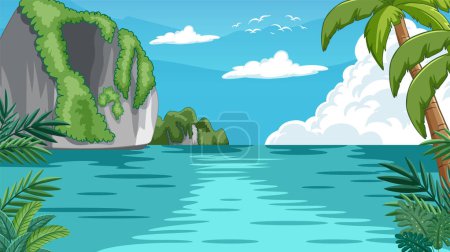 Téléchargez les illustrations : Île tropicale sereine avec verdure luxuriante et eaux calmes - en licence libre de droit