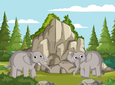 Ilustración de Dos elefantes frente a grandes rocas y árboles - Imagen libre de derechos
