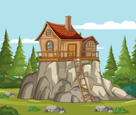 Ilustración de Casa de madera en una roca rodeada de árboles - Imagen libre de derechos