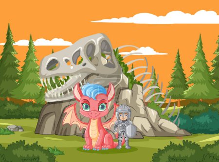 Téléchargez les illustrations : Un chevalier et un joli dragon à côté d'un squelette de dinosaure. - en licence libre de droit