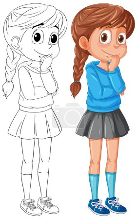 Ilustración de Dos versiones de una chica, una de color, una dibujada. - Imagen libre de derechos