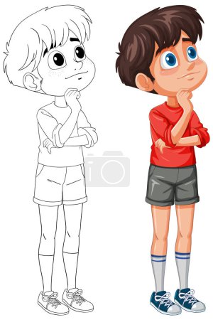 Illustration for Two cartoon boys thinking, one colored, one sketched. - Royalty Free Image