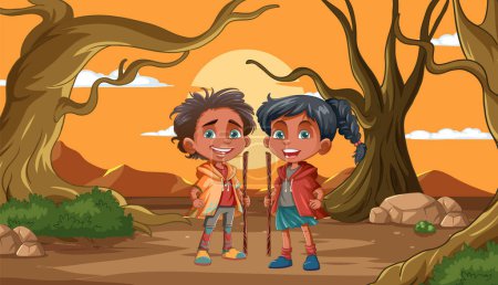 Téléchargez les illustrations : Enfants de bande dessinée avec des bâtons marchant dans une forêt - en licence libre de droit